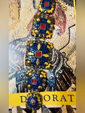 Vintage-Inspired Blue Mosaic Statement Bracelet with Gold Accents